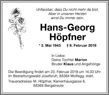 Traueranzeige von Hans-Georg Höpfner von Memminger Zeitung