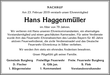 Traueranzeige von Hans Haggenmüller von Allgäuer Anzeigeblatt