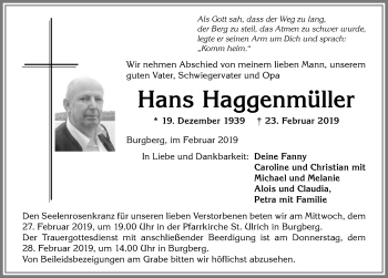 Traueranzeige von Hans Haggenmüller von Allgäuer Anzeigeblatt