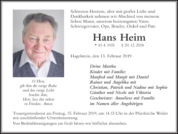 Traueranzeige von Hans Heim von Der Westallgäuer