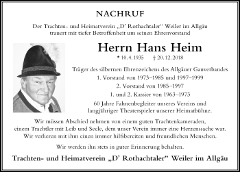 Traueranzeige von Hans Heim von Der Westallgäuer