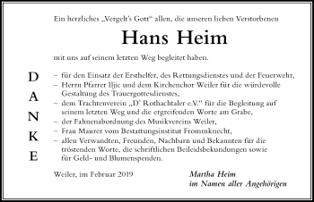 Traueranzeige von Hans Heim von Der Westallgäuer