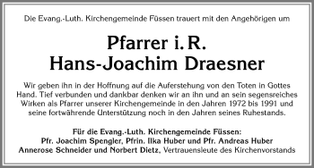 Traueranzeige von Hans-Joachim Draesner von Allgäuer Zeitung, Füssen