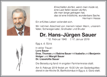 Traueranzeige von Hans-Jürgen Sauer von Memminger Zeitung