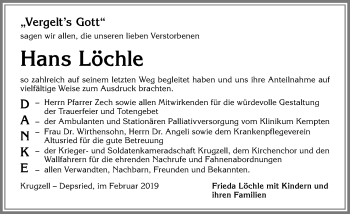 Traueranzeige von Hans Löchle von Allgäuer Zeitung,Kempten