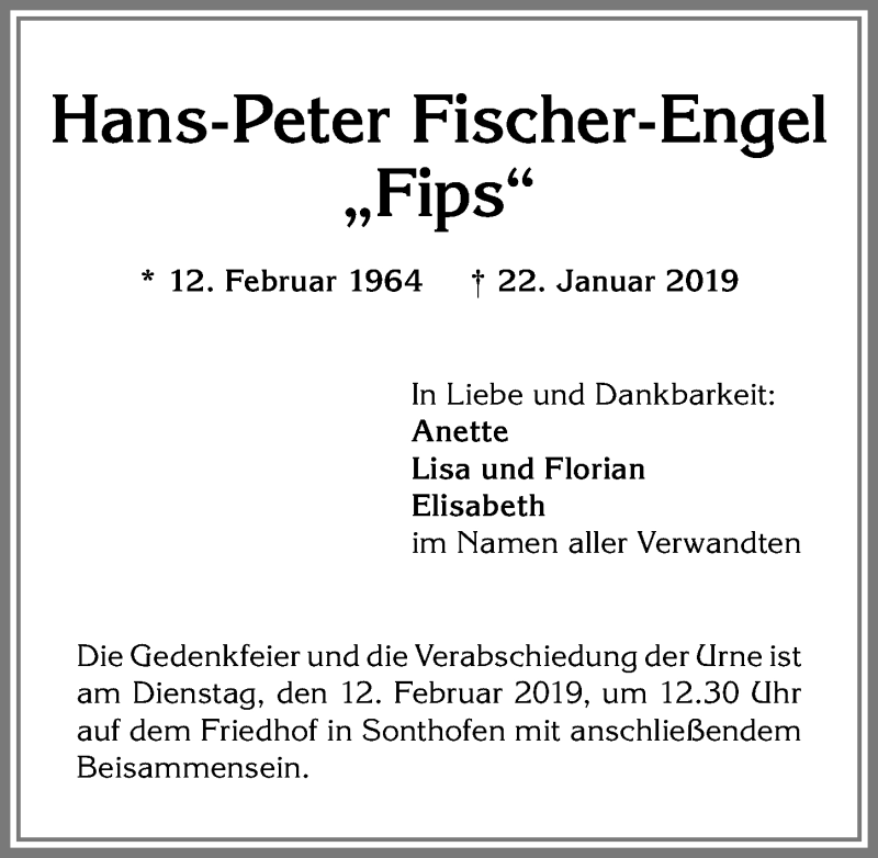  Traueranzeige für Hans-Peter Fischer-Engel vom 07.02.2019 aus Allgäuer Anzeigeblatt