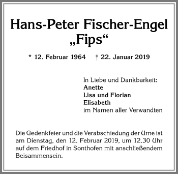 Traueranzeige von Hans-Peter Fischer-Engel von Allgäuer Anzeigeblatt
