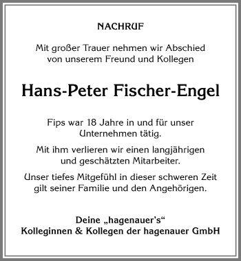 Traueranzeige von Hans-Peter Fischer-Engel von Allgäuer Anzeigeblatt