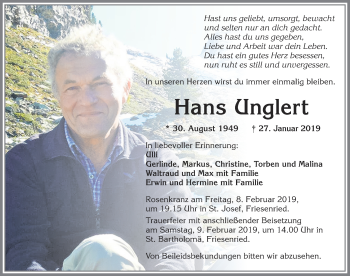 Traueranzeige von Hans Unglert von Allgäuer Zeitung