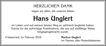 Traueranzeige von Hans Unglert von Allgäuer Zeitung