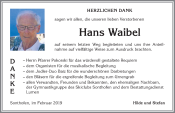 Traueranzeige von Hans Waibel von Allgäuer Anzeigeblatt