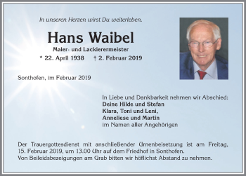Traueranzeige von Hans Waibel von Allgäuer Anzeigeblatt