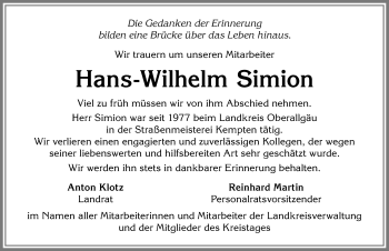 Traueranzeige von Hans-Wilhelm Simion von Allgäuer Zeitung