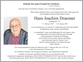 Traueranzeige von Hans Joachim Draesner von Allgäuer Zeitung, Füssen