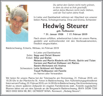 Traueranzeige von Hedwig Steurer von Allgäuer Anzeigeblatt