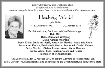 Traueranzeige von Hedwig Waibl von Allgäuer Zeitung