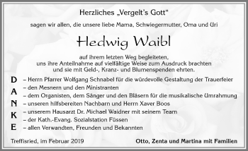Traueranzeige von Hedwig Waibl von Allgäuer Zeitung, Füssen