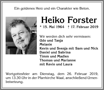 Traueranzeige von Heiko Forster von Allgäuer Zeitung, Kaufbeuren/Buchloe