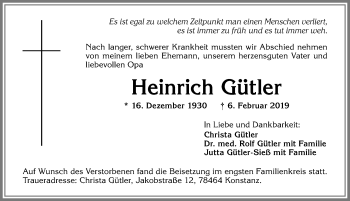 Traueranzeige von Heinrich Gütler von Allgäuer Zeitung,Kempten