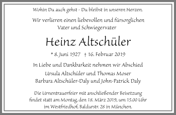 Traueranzeige von Heinz Altschüler von Allgäuer Zeitung, Kaufbeuren/Buchloe