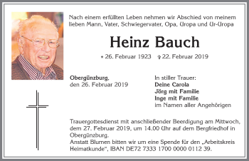 Traueranzeige von Heinz Bauch von Allgäuer Zeitung, Marktoberdorf