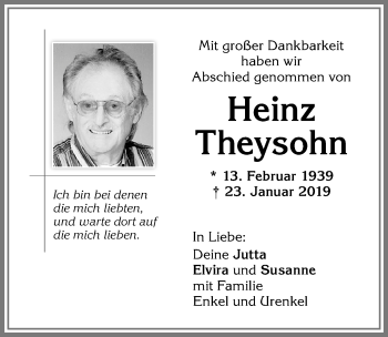 Traueranzeige von Heinz Theysohn von Allgäuer Zeitung,Kempten