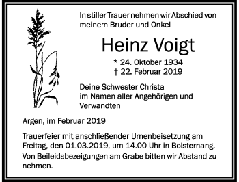 Traueranzeige von Heinz Voigt von Allgäuer Zeitung,Kempten