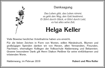 Traueranzeige von Helga Keller von Allgäuer Zeitung,Kempten
