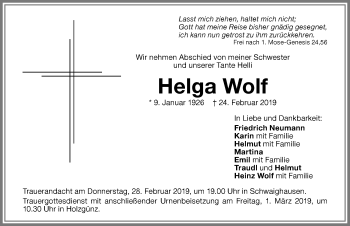 Traueranzeige von Helga Wolf von Memminger Zeitung