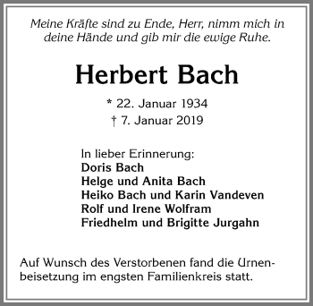 Traueranzeige von Herbert Bach von Allgäuer Zeitung, Marktoberdorf