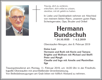 Traueranzeige von Hermann Bundschuh von Allgäuer Anzeigeblatt