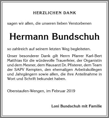Traueranzeige von Hermann Bundschuh von Allgäuer Anzeigeblatt