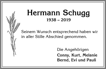 Traueranzeige von Hermann Schugg von Allgäuer Zeitung,Kempten