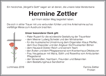 Traueranzeige von Hermine Zettler von Memminger Zeitung
