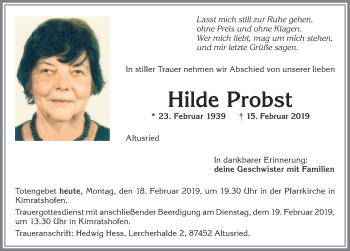 Traueranzeige von Hilde Probst von Allgäuer Zeitung,Kempten