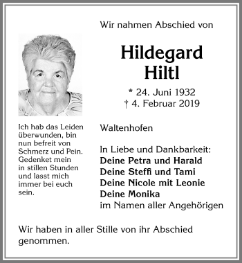 Traueranzeige von Hildegard Hiltl von Allgäuer Zeitung,Kempten