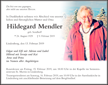 Traueranzeige von Hildegard Mendler von Der Westallgäuer