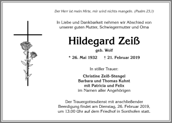 Traueranzeige von Hildegard Zeiß von Allgäuer Anzeigeblatt