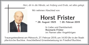 Traueranzeige von Horst Frister von Allgäuer Zeitung, Kaufbeuren/Buchloe