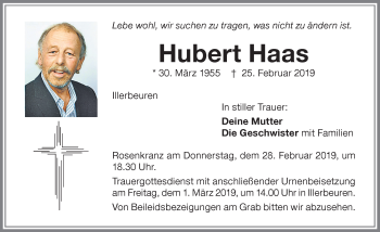 Traueranzeige von Hubert Haas von Memminger Zeitung