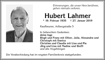 Traueranzeige von Hubert Lahmer von Allgäuer Zeitung, Kaufbeuren/Buchloe