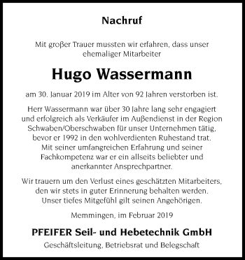 Traueranzeige von Hugo Wassermann von Memminger Zeitung
