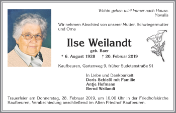 Traueranzeige von Ilse Weilandt von Allgäuer Zeitung, Kaufbeuren/Buchloe