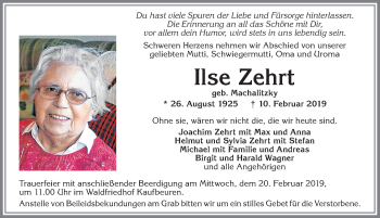 Traueranzeige von Ilse Zehrt von Allgäuer Zeitung, Kaufbeuren/Buchloe