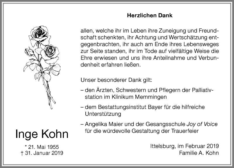  Traueranzeige für Inge Kohn vom 13.02.2019 aus Memminger Zeitung