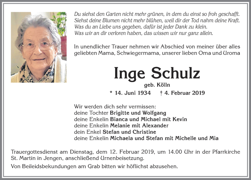  Traueranzeige für Inge Schulz vom 09.02.2019 aus Allgäuer Zeitung, Kaufbeuren/Buchloe