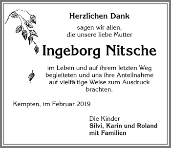 Traueranzeige von Ingeborg Nitsche von Allgäuer Zeitung,Kempten