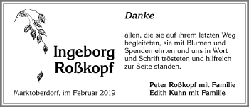 Traueranzeige von Ingeborg Roßkopf von Allgäuer Zeitung, Marktoberdorf