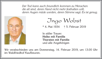 Traueranzeige von Ingo Wobst von Allgäuer Zeitung, Kaufbeuren/Buchloe