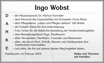 Traueranzeige von Ingo Wobst von Allgäuer Zeitung, Kaufbeuren/Buchloe